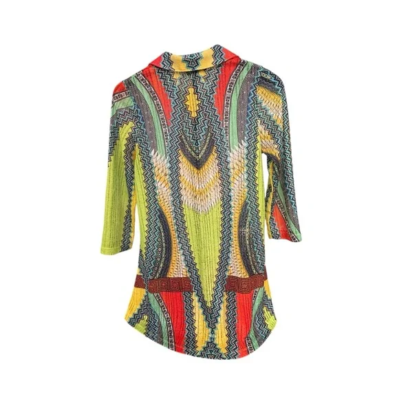 Boho Chic Global Vibe Colorful Patterned  Button-Up Sheer Cover Shirt Women’s M - Picture 3 of 8